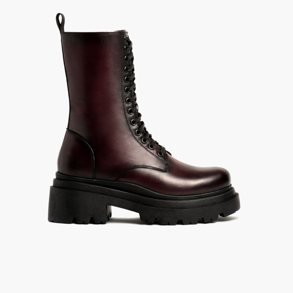 Fatale Schwarz Cherry Lederstiefel für Damen - Verstärkte Fersenkappe & präzise Doppelnaht