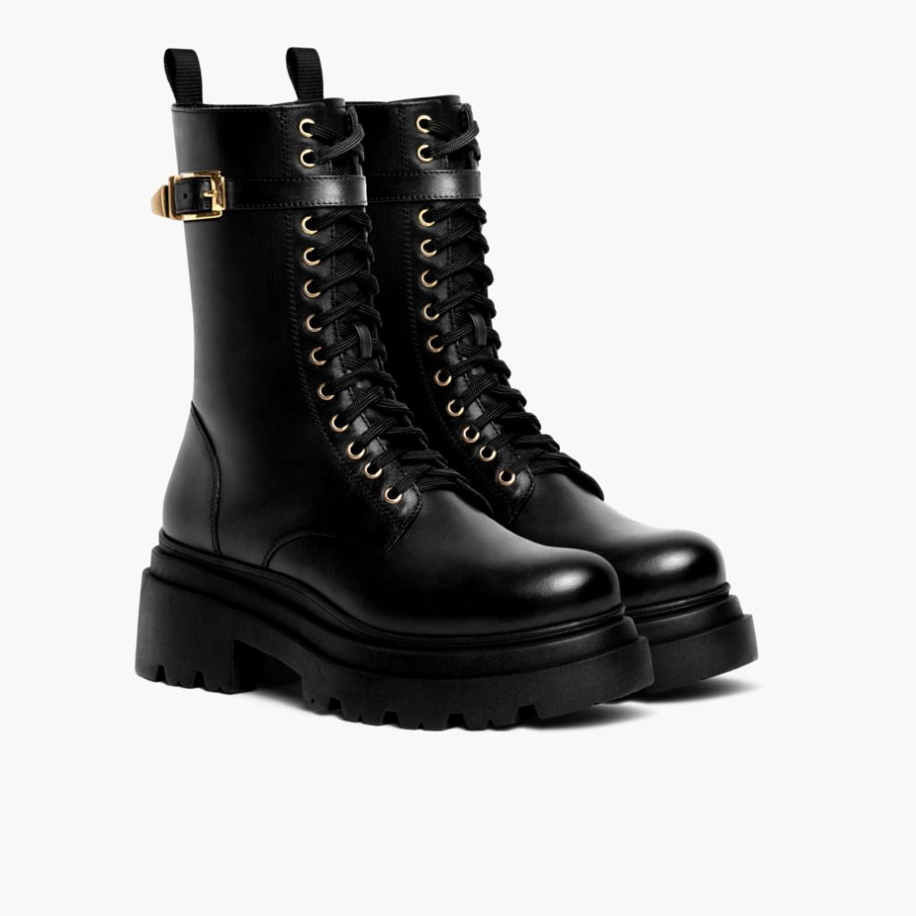 Fatale Schwarz & Gold Lederstiefel für Damen in schwarzem Rindleder - Seitenansicht | Online Kaufen