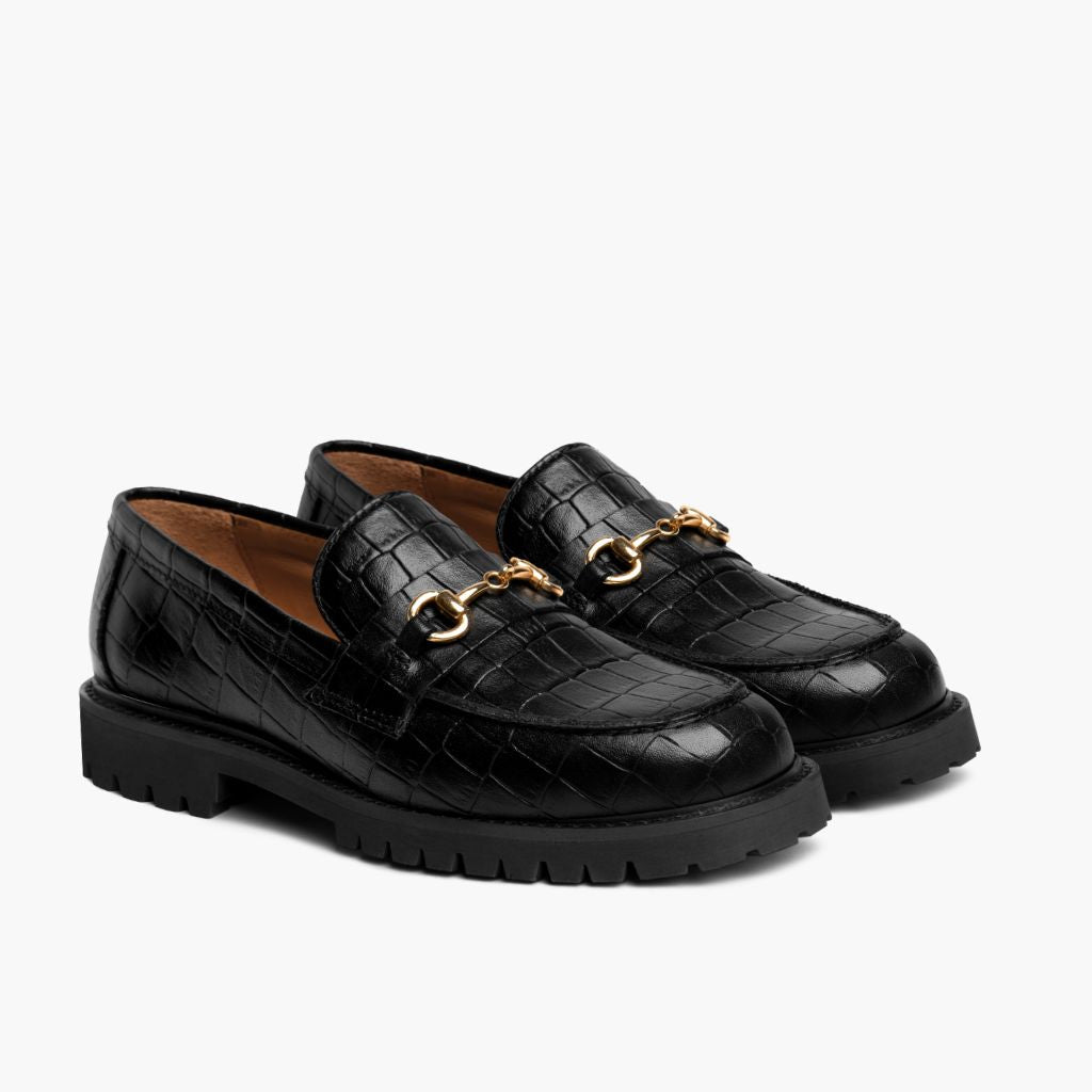 Penny Schwarz & Gold Croco Leder-Loafer für Damen in schwarzem Rindleder - Seitenansicht | Online Kaufen