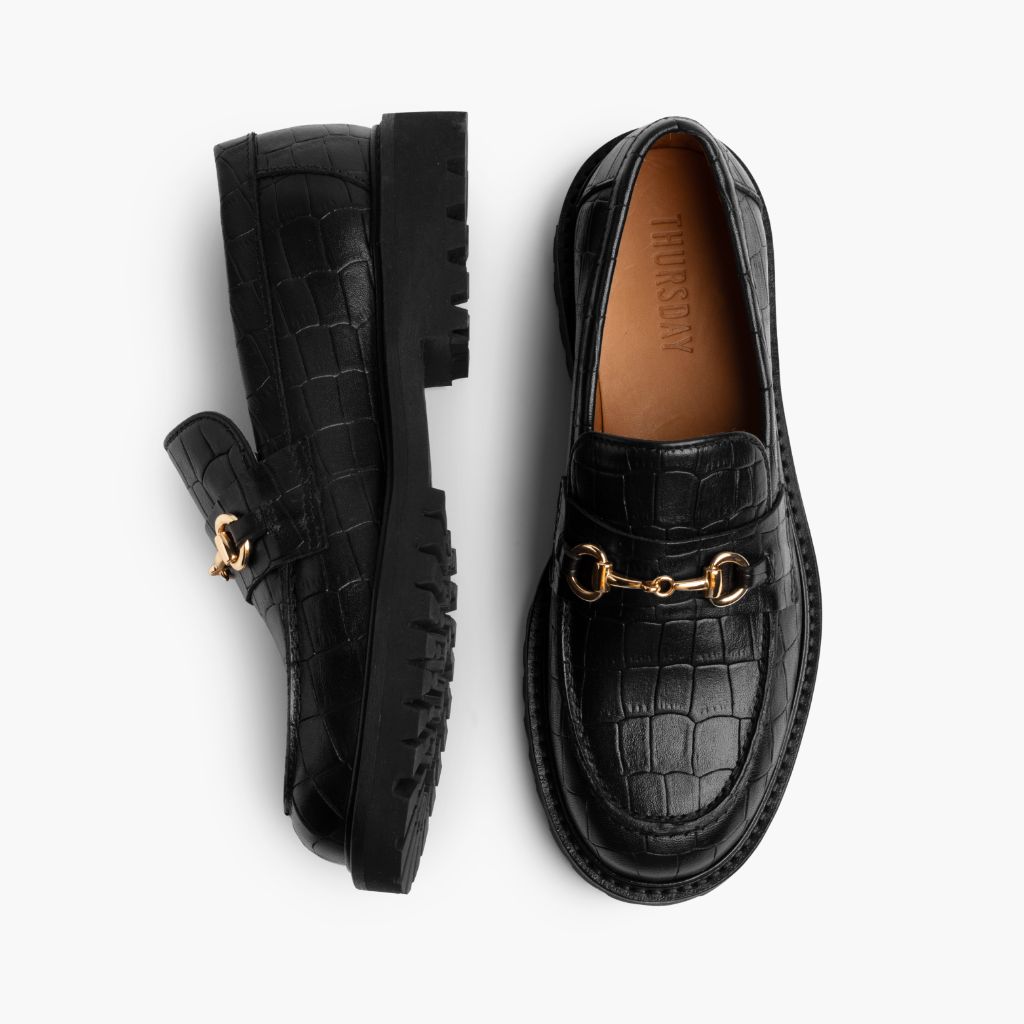 Penny Schwarz & Gold Croco Leder-Loafer für Damen - Verstärkte Fersenkappe & präzise Doppelnaht