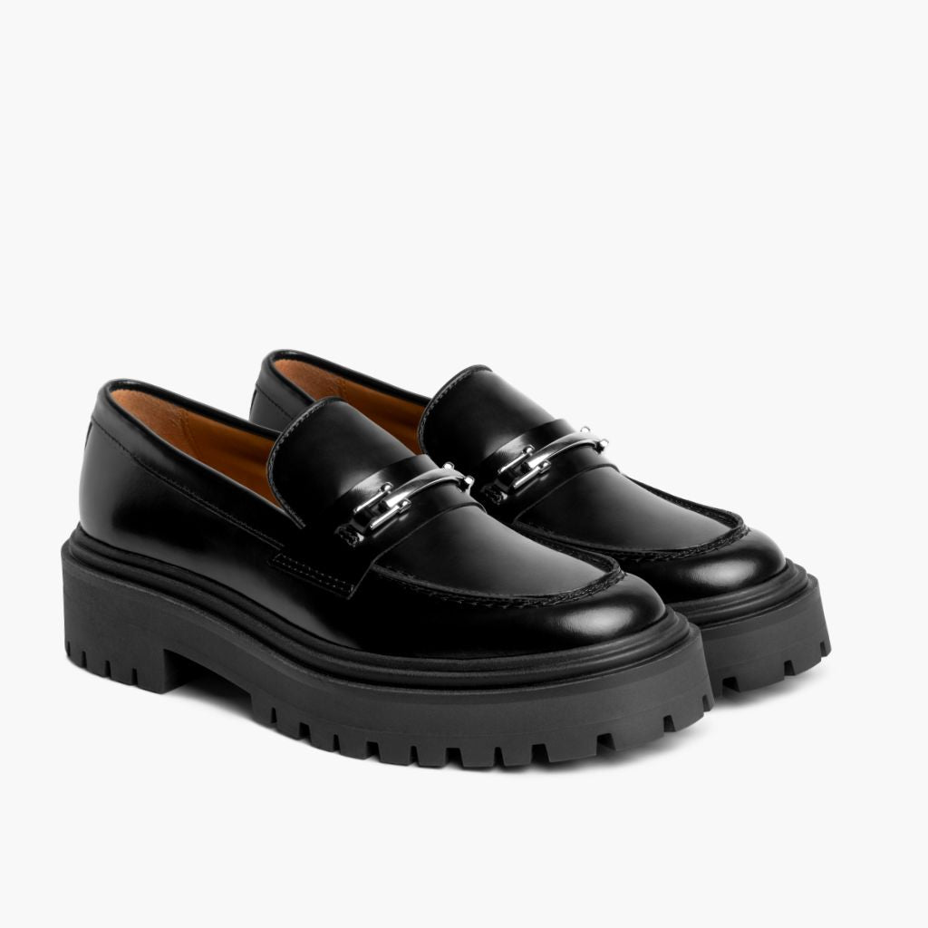 Penny Platform Schwarz & Silver Leder-Loafer für Damen in schwarzem Rindleder - Seitenansicht | Online Kaufen