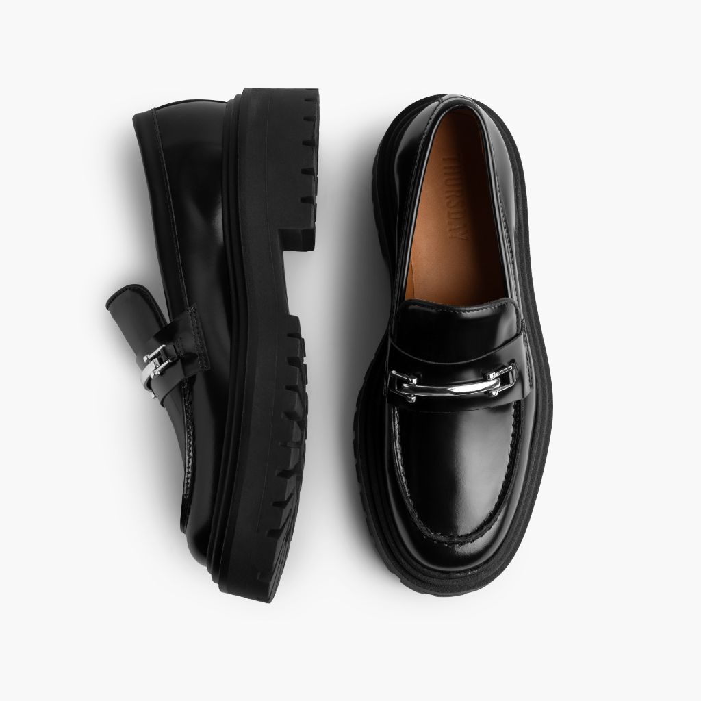 Penny Platform Schwarz & Silver Leder-Loafer für Damen - Verstärkte Fersenkappe & präzise Doppelnaht