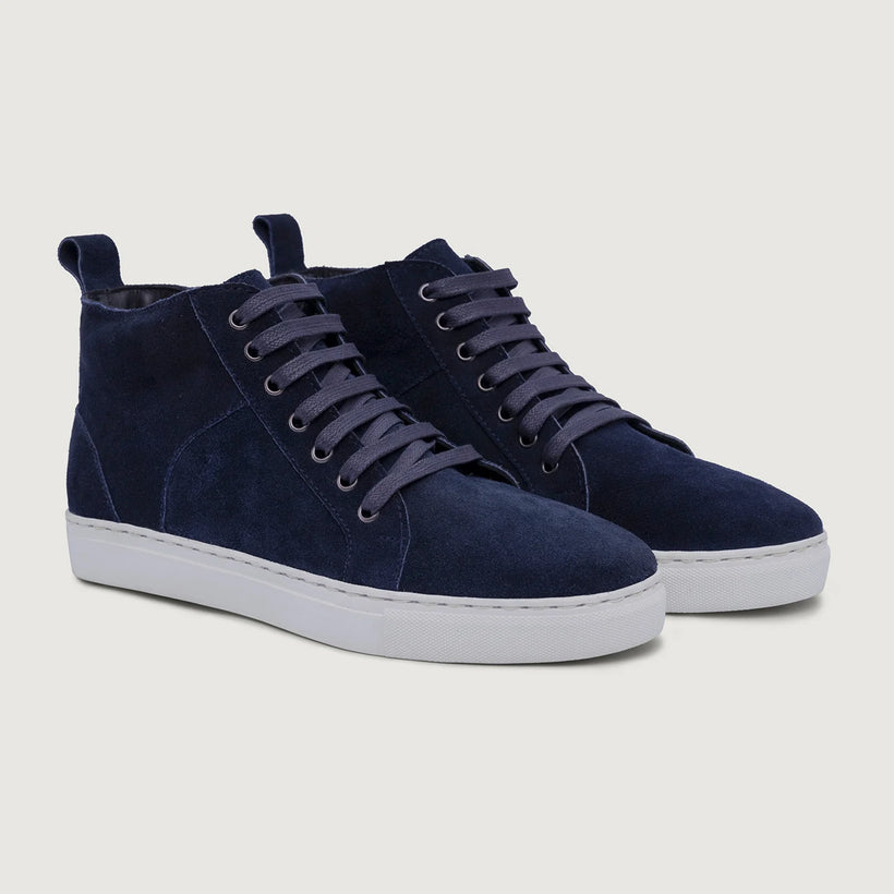 Marty High Top Blue Suede Leather Sneakers For Men in Blue Goatskin Suede - Lateral Side Profile View | Buy Online
