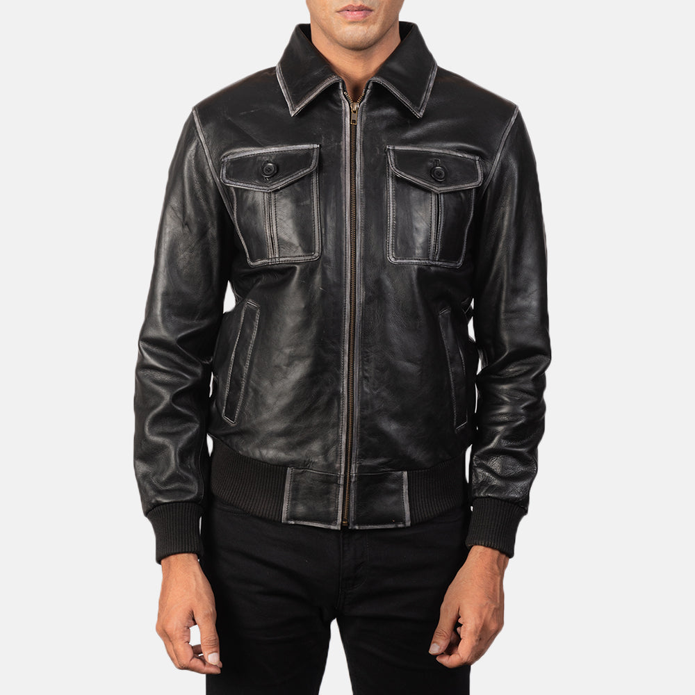 Detailansicht of High Neck &amp; Zipper Hardware on Men's Aaron Distressed Black Leather Bomber Jacket
