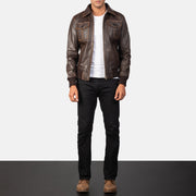 Detailansicht of High Neck &amp; Zipper Hardware on Men's Aaron Distressed Brown Leather Bomber Jacket