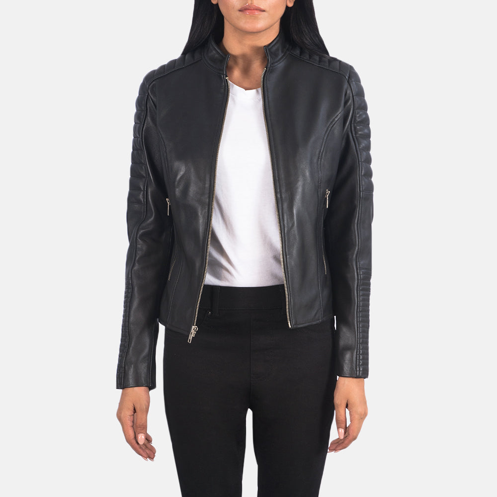 Women's Adalyn Gesteppt Schwarz Leder-Bikerjacke für Damen in Black Sheepskin Leather - Vorderansicht &amp; maßgeschneiderte Silhouette | Online Kaufen