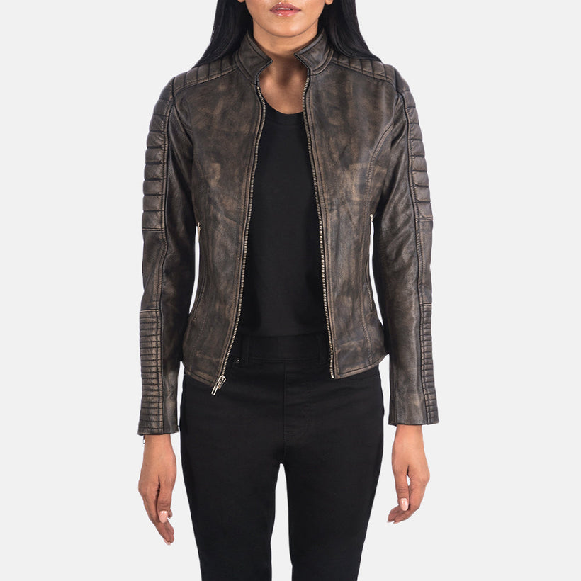 Adalyn Gesteppt Distressed Braun Leder-Bikerjacke für Damen