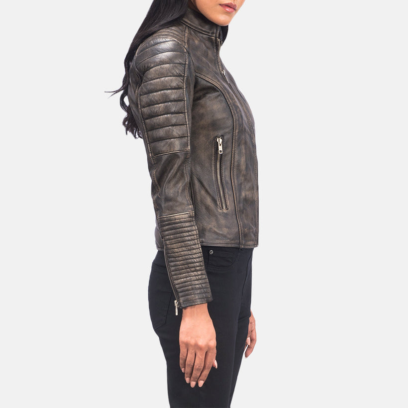Adalyn Gesteppt Distressed Braun Leder-Bikerjacke für Damen