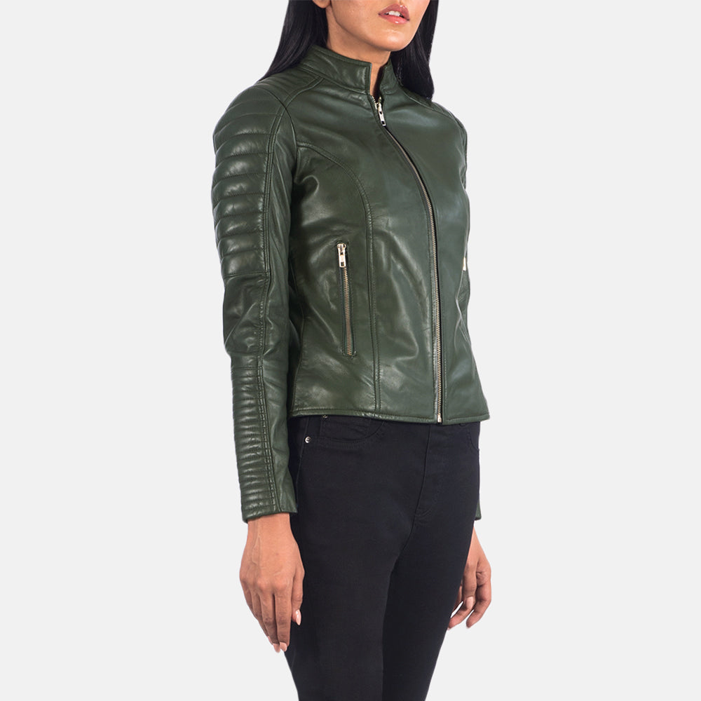 Green Sheepskin Leather Biker Jacket - Rückansicht mit passgenauen Schultern &amp; sauberem Saum