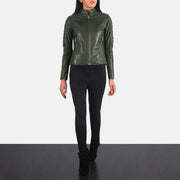 Women's Adalyn Gesteppt Grün Leder-Bikerjacke für Damen - Seitenansicht mit ergonomischem Ärmelschnitt