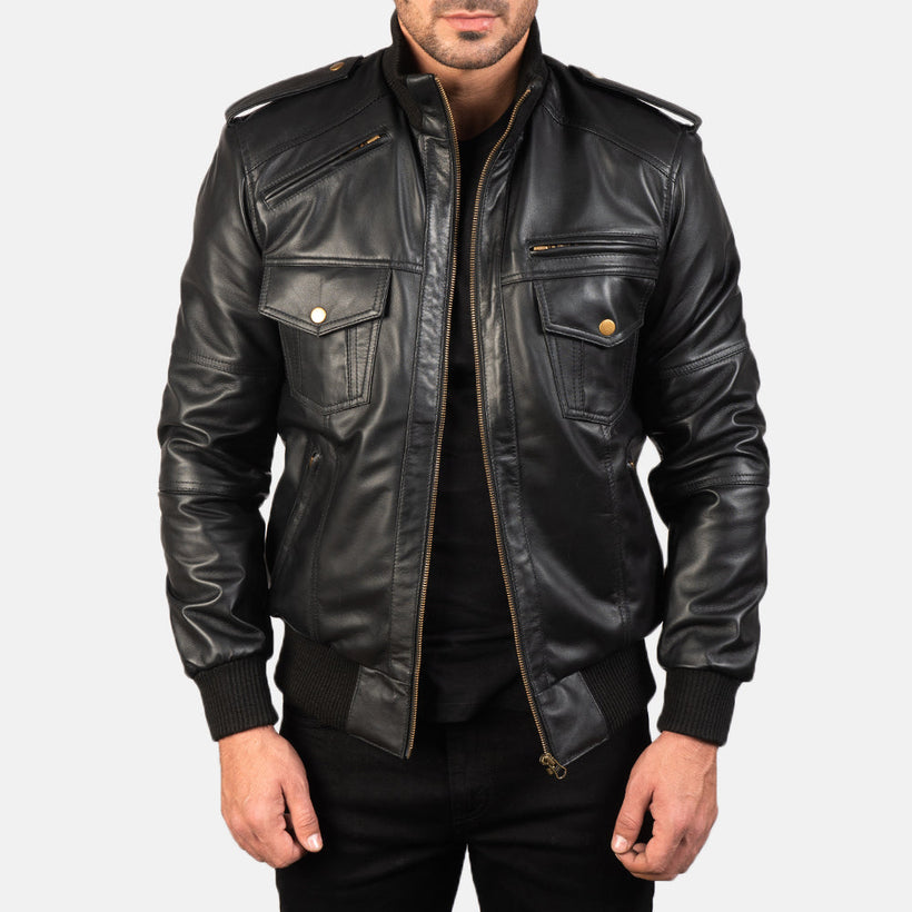 Agent Shadow Schwarz Leder-Bomberjacke für Herren