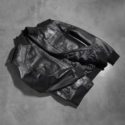 Rib knit &amp; Hem Craftsmanship Construction Detail on Men's Agent Shadow Schwarz Leder-Bomberjacke für Herren
