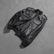 Styled Fit Perspective of Men's Agent Shadow Schwarz Leder-Bomberjacke für Herren on Model - Natural Daylight Drape