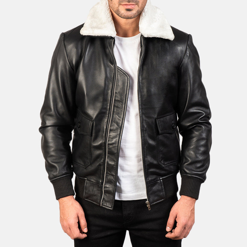Airin G-1 Schwarz & Weiß Leather Schwarz Weiß Leder-Bomberjacke für Herren