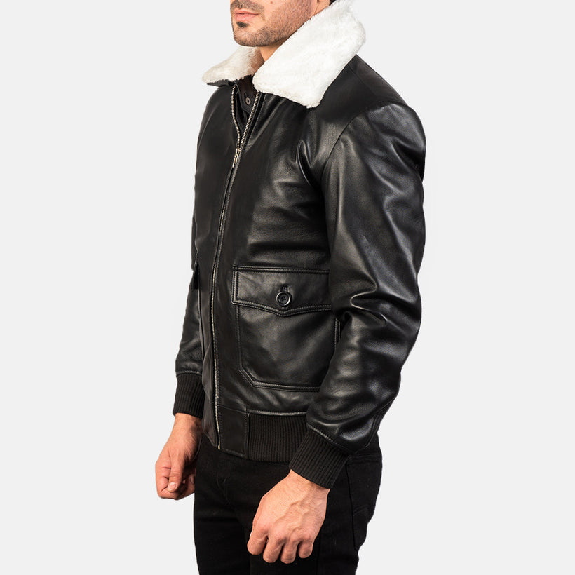 Airin G-1 Schwarz & Weiß Leather Schwarz Weiß Leder-Bomberjacke für Herren