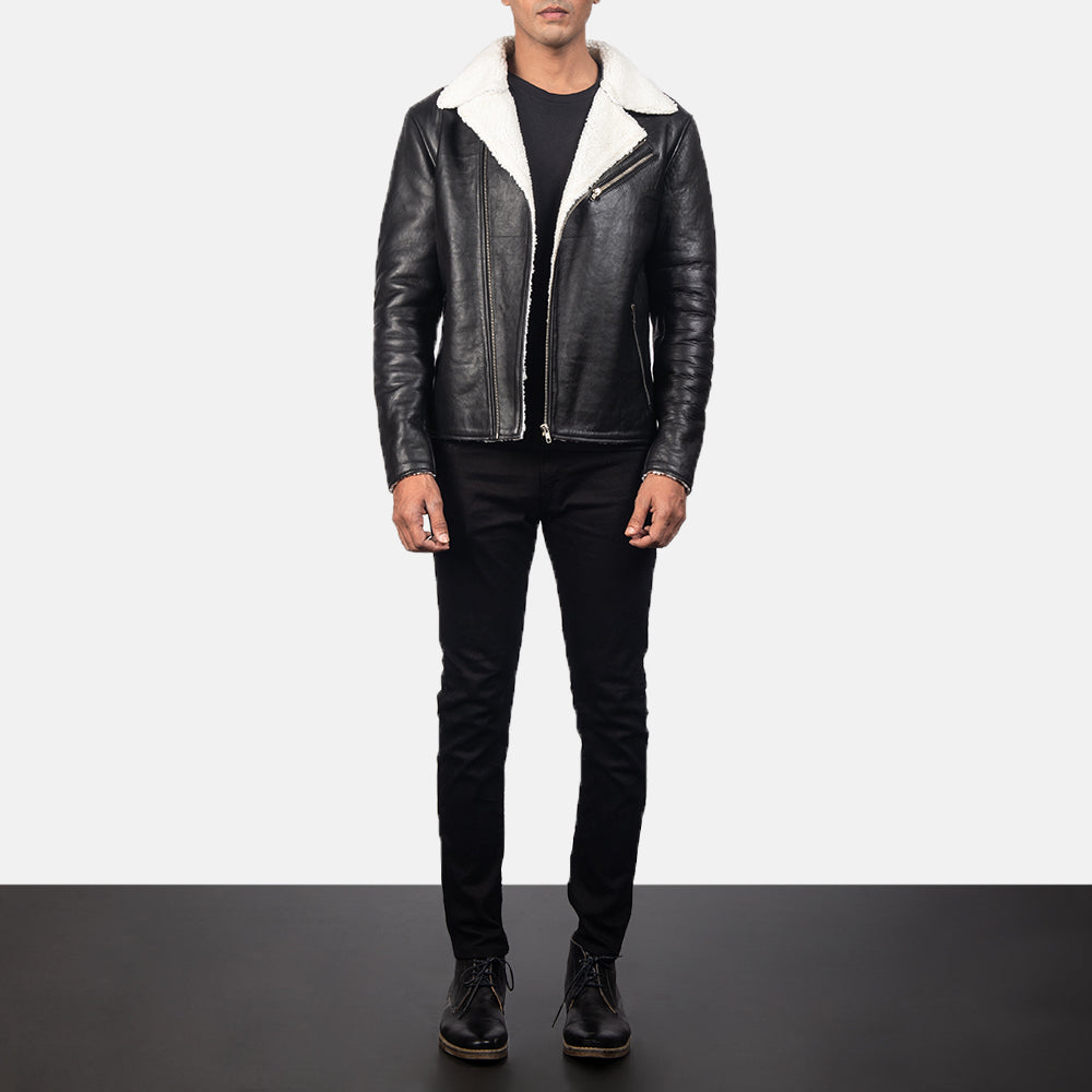 
Detailansicht of Notch & Zipper Hardware on Alberto Weiß Shearling Schwarz Lederjacke für Herren