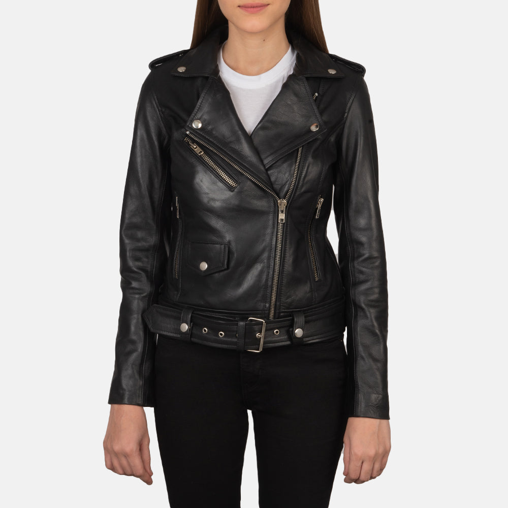 
Alison Schwarz Leder-Bikerjacke für Damen - Vorderansicht & maßgeschneiderte Silhouette | Online Kaufen