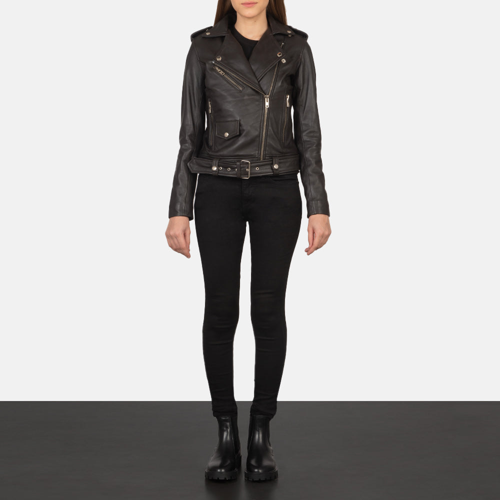 Women's Alison Braun Leder-Bikerjacke für Damen - Seitenansicht mit ergonomischem Ärmelschnitt