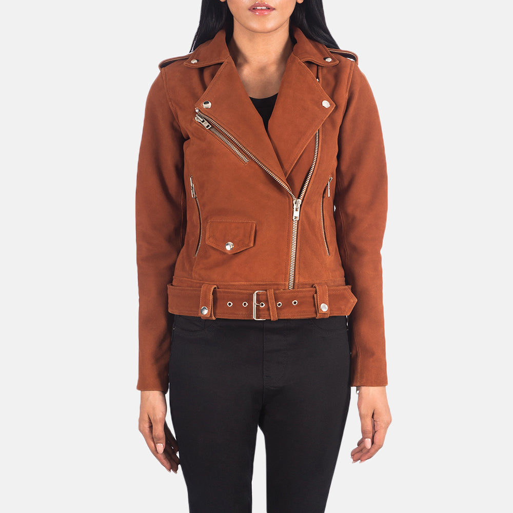 Women's Alison Braun Suede Leder-Bikerjacke für Damen in Brown Goatskin Suede - Vorderansicht &amp; maßgeschneiderte Silhouette | Online Kaufen