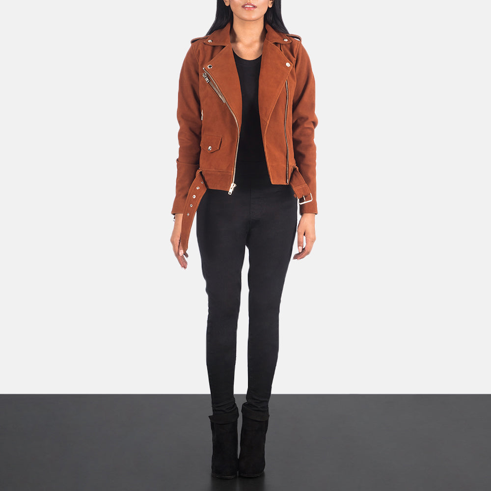 Women's Alison Braun Suede Leder-Bikerjacke für Damen - Seitenansicht mit ergonomischem Ärmelschnitt