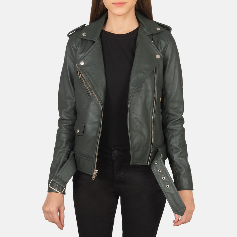 Alison Grün Leder-Bikerjacke für Damen