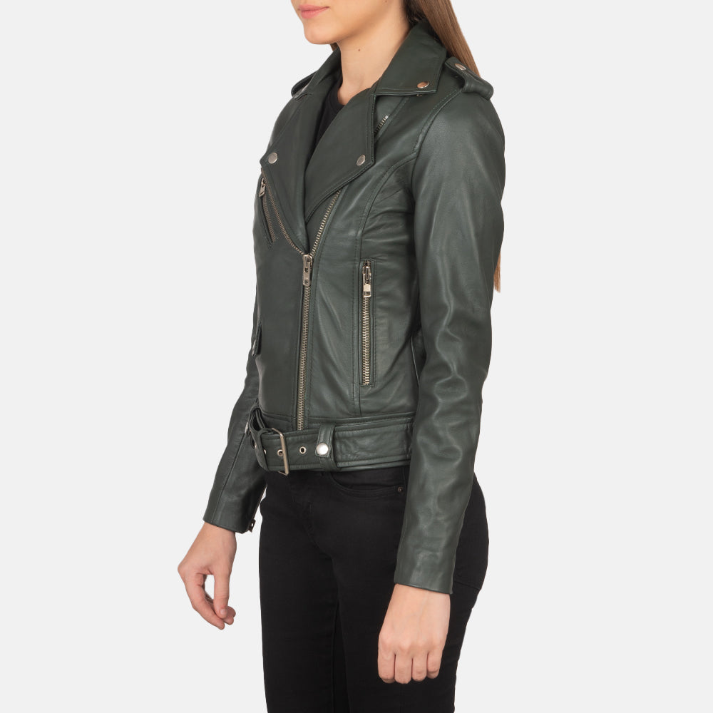 Green Sheepskin Leather Biker Jacket - Rückansicht mit passgenauen Schultern &amp; sauberem Saum