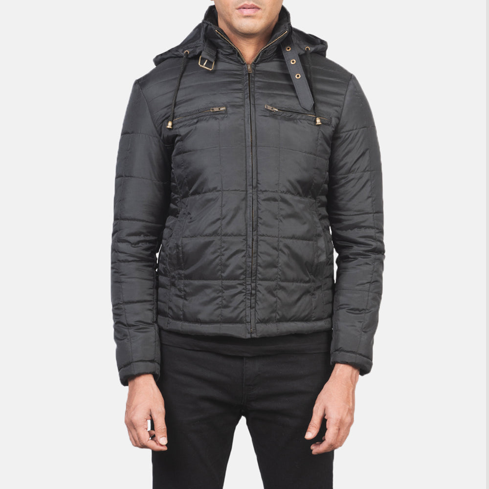 Detailansicht of High neck with Belt &amp; Zipper Hardware on Men's Alps Quilted Black Windbreaker Jacket