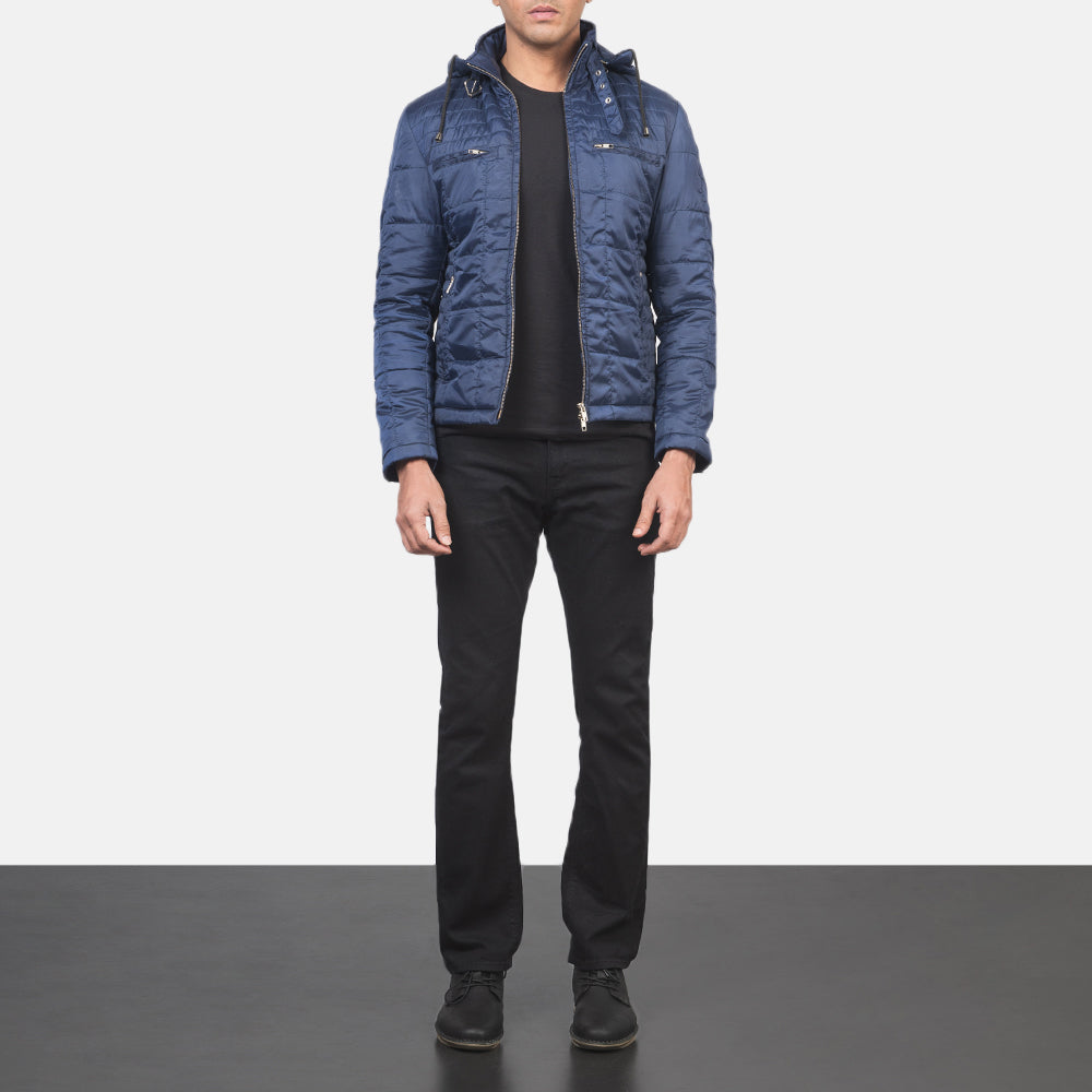 Detailansicht of High neck with Belt &amp; Zipper Hardware on Men's Alps Quilted Blue Windbreaker Jacket
