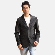 Alyson Schwarz Lederblazer für Herren in Black Sheepskin Leather - Vorderansicht &amp; maßgeschneiderte Silhouette | Online Kaufen