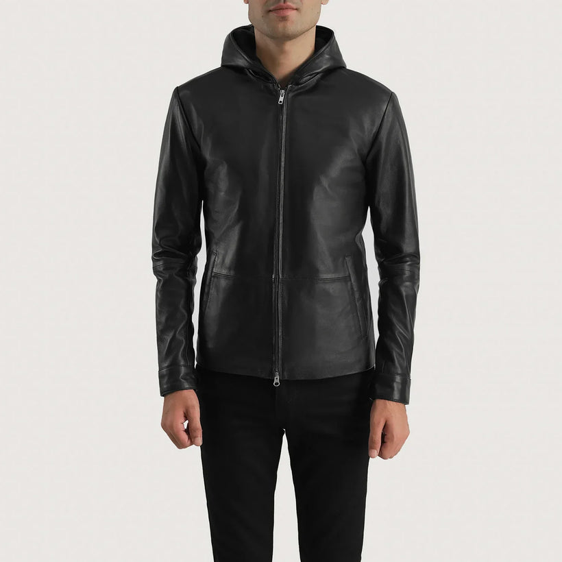 Andy Matte Schwarz Hooded Lederjacke für Herren