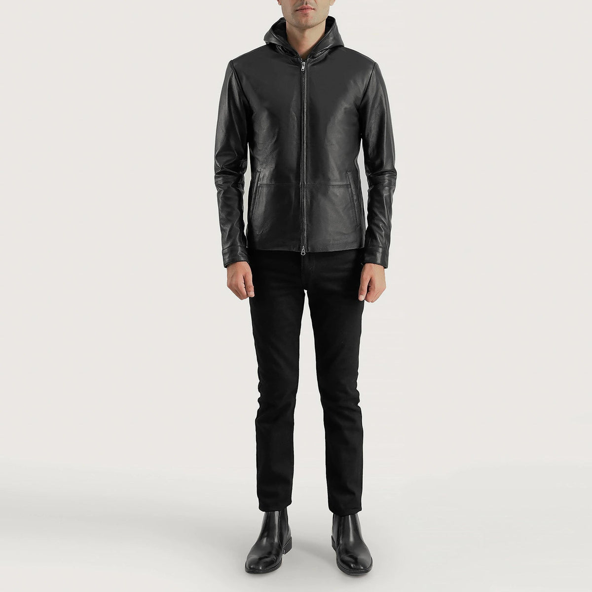 Detailansicht of Hooded &amp; Zipper Hardware on Men's Andy Matte Schwarz Hooded Lederjacke für Herren