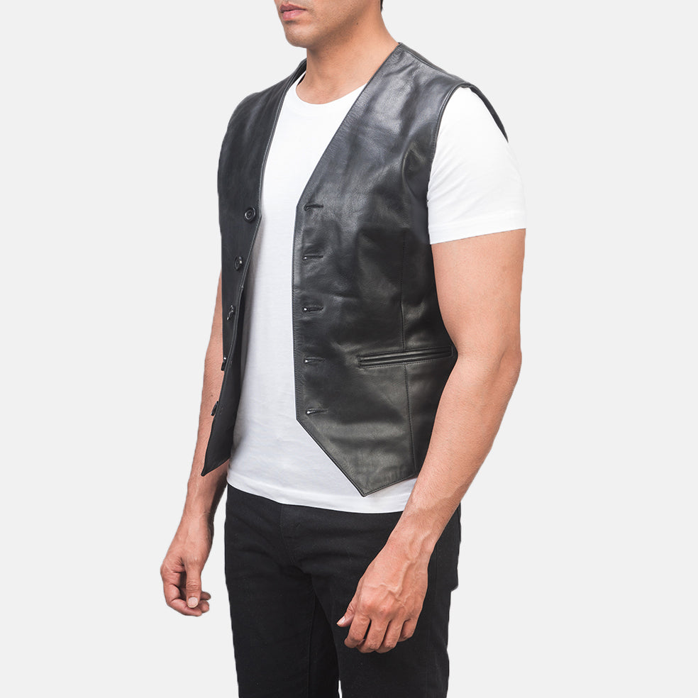 
Black Cowhide leather Vest - Rückansicht mit passgenauen Schultern & sauberem Saum