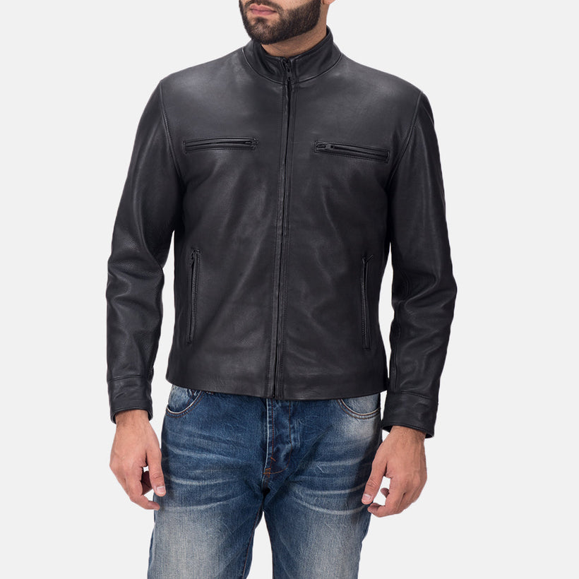 Austere Matte Schwarz Leder-Bikerjacke für Herren