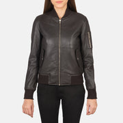 Detailansicht of Rib Knit &amp; Zipper Hardware on Women's Ava Ma-1 Brown Leather Bomber Jacket