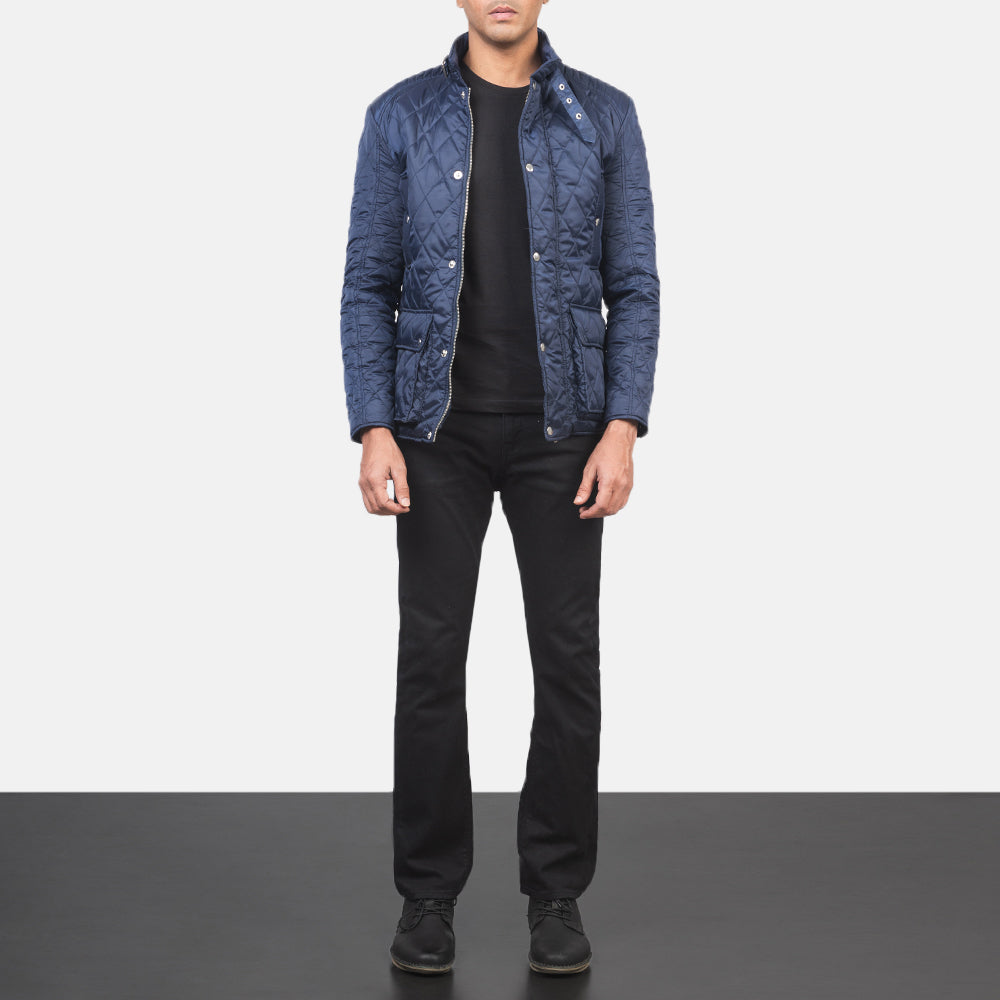 Detailansicht of Belted Band &amp; Button Hardware on Men's Barry Gesteppt Blau Windbreaker Lederjacke für Herren