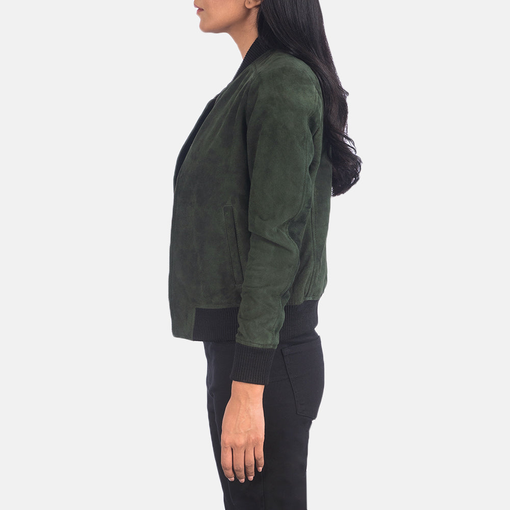 Green Goatskin Suede Bomber Jacket - Rückansicht mit passgenauen Schultern &amp; sauberem Saum