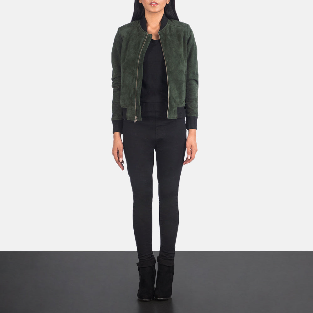 Women's Bliss Grün Suede Leder-Bomberjacke für Damen - Seitenansicht mit ergonomischem Ärmelschnitt