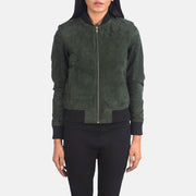 Detailansicht of Varsity - Rib Knit &amp; Zipper with Wind Flap Hardware on Women's Bliss Grün Suede Leder-Bomberjacke für Damen