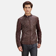 Blix Bono Kastanienbraun Leder-Bikerjacke für Herren in Maroon Sheepskin Leather - Vorderansicht &amp; maßgeschneiderte Silhouette | Online Kaufen
