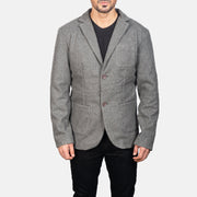 Detailansicht of Notch &amp; Button Hardware on Men's Grey Wool Blazer