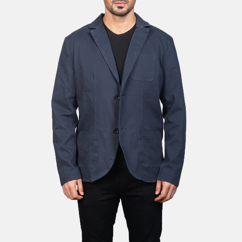 Borges Navy Blau Lederblazer für Herren in Navy Blue Poly-Cotton - Vorderansicht &amp; maßgeschneiderte Silhouette | Online Kaufen