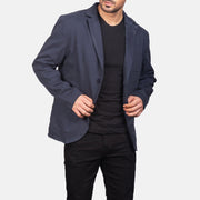 Navy Blue Poly-Cotton Leather Blazer - Rückansicht mit passgenauen Schultern &amp; sauberem Saum