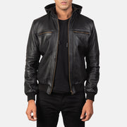 
Bouncer Biz Black Leather Hooded Bomber Jacket in Black Cowhide Leather - Vorderansicht & maßgeschneiderte Silhouette | Online Kaufen