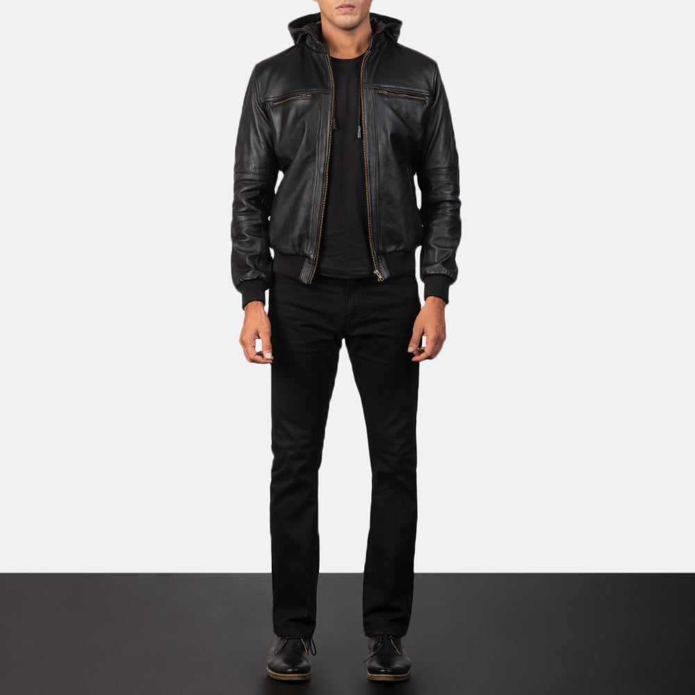 
Detailansicht of Band & Zipper Hardware on Bouncer Biz Black Leather Hooded Bomber Jacket