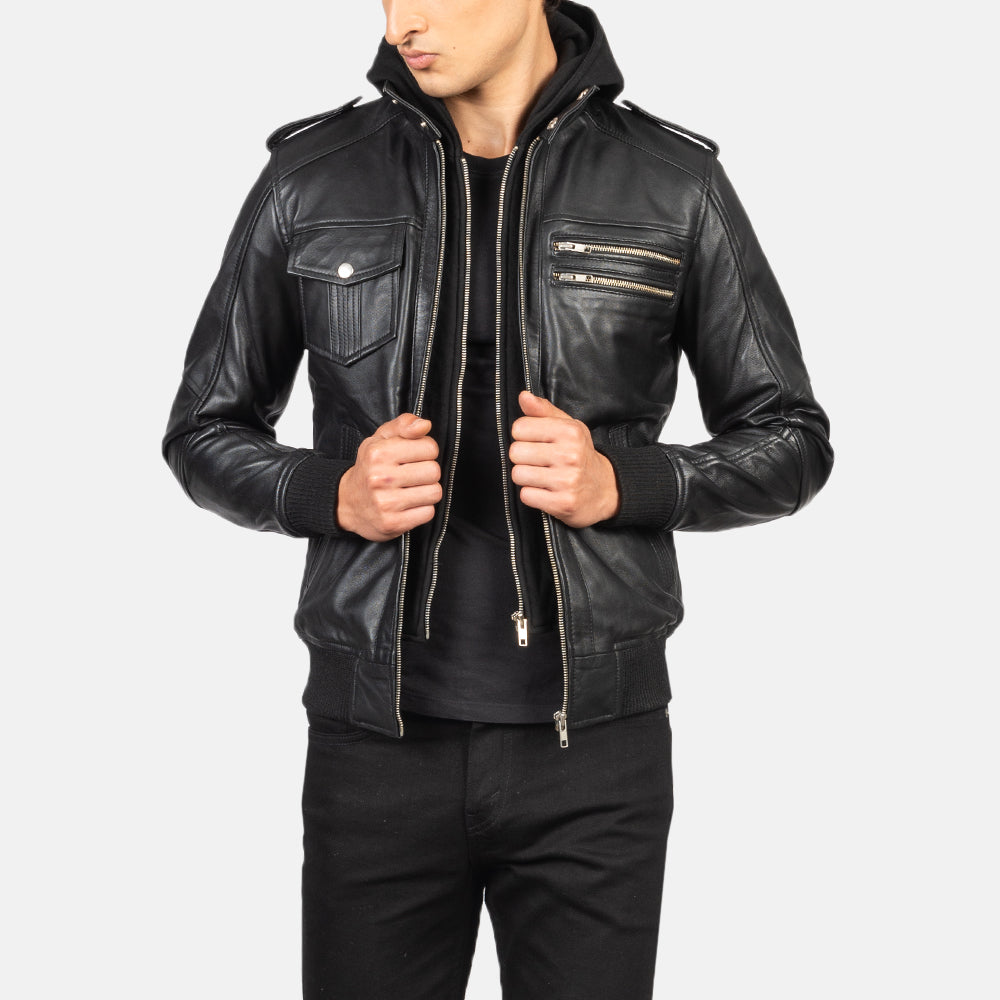 Men's Bravado Black Hooded Leather Bomber Jacket in Black Sheepskin Leather - Vorderansicht &amp; maßgeschneiderte Silhouette | Online Kaufen