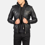 Men's Bravado Black Hooded Leather Bomber Jacket in Black Sheepskin Leather - Vorderansicht &amp; maßgeschneiderte Silhouette | Online Kaufen