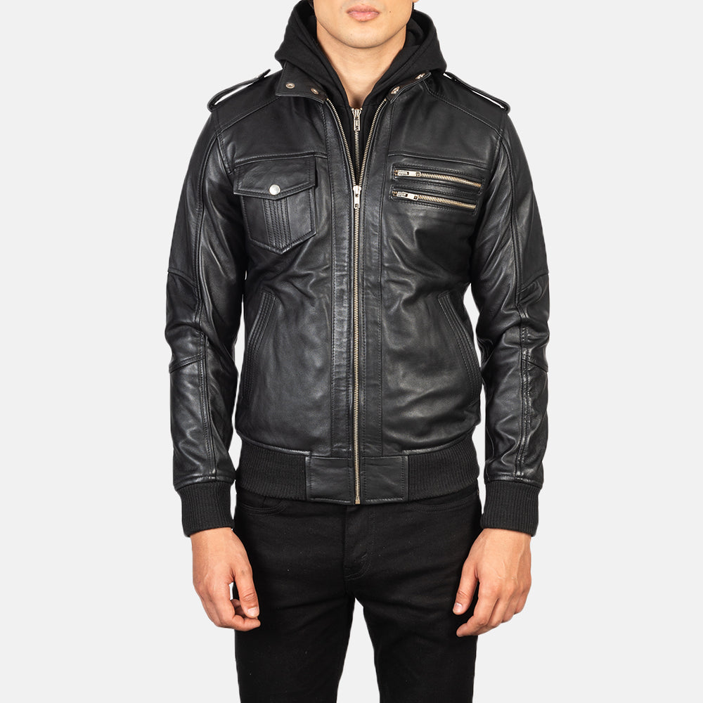 Detailansicht of High Neck &amp; Zipper Hardware on Men's Bravado Black Hooded Leather Bomber Jacket