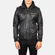 Detailansicht of High Neck &amp; Zipper Hardware on Men's Bravado Black Hooded Leather Bomber Jacket