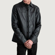 Bronco Schwarz Leather Shirt für Herren in Black Sheepskin Leather - Vorderansicht &amp; maßgeschneiderte Silhouette | Online Kaufen