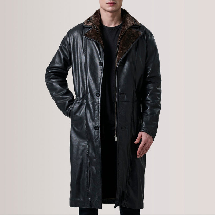 Cai Schwarz Leather Shearling Ledermantel für Herren